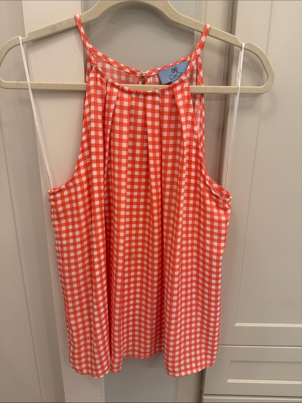 CeCe Coral and White Gingham Halter Top